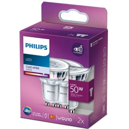 Philips Bombilla LED GU10 4,6W 390 lm 4000K Pack de 2 unidades Philips Bombilla LED GU10 4,6W 390 lm 4000K Pack de 2 unidades